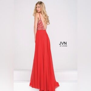 Jovani Sequin Beaded Bodice Red Gown Low Back Flowy